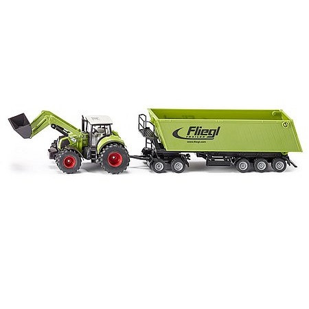 SIKU Claas Axion 850 traktor s čelným nakladačom a Fliegl prívesom -1949 (61847)